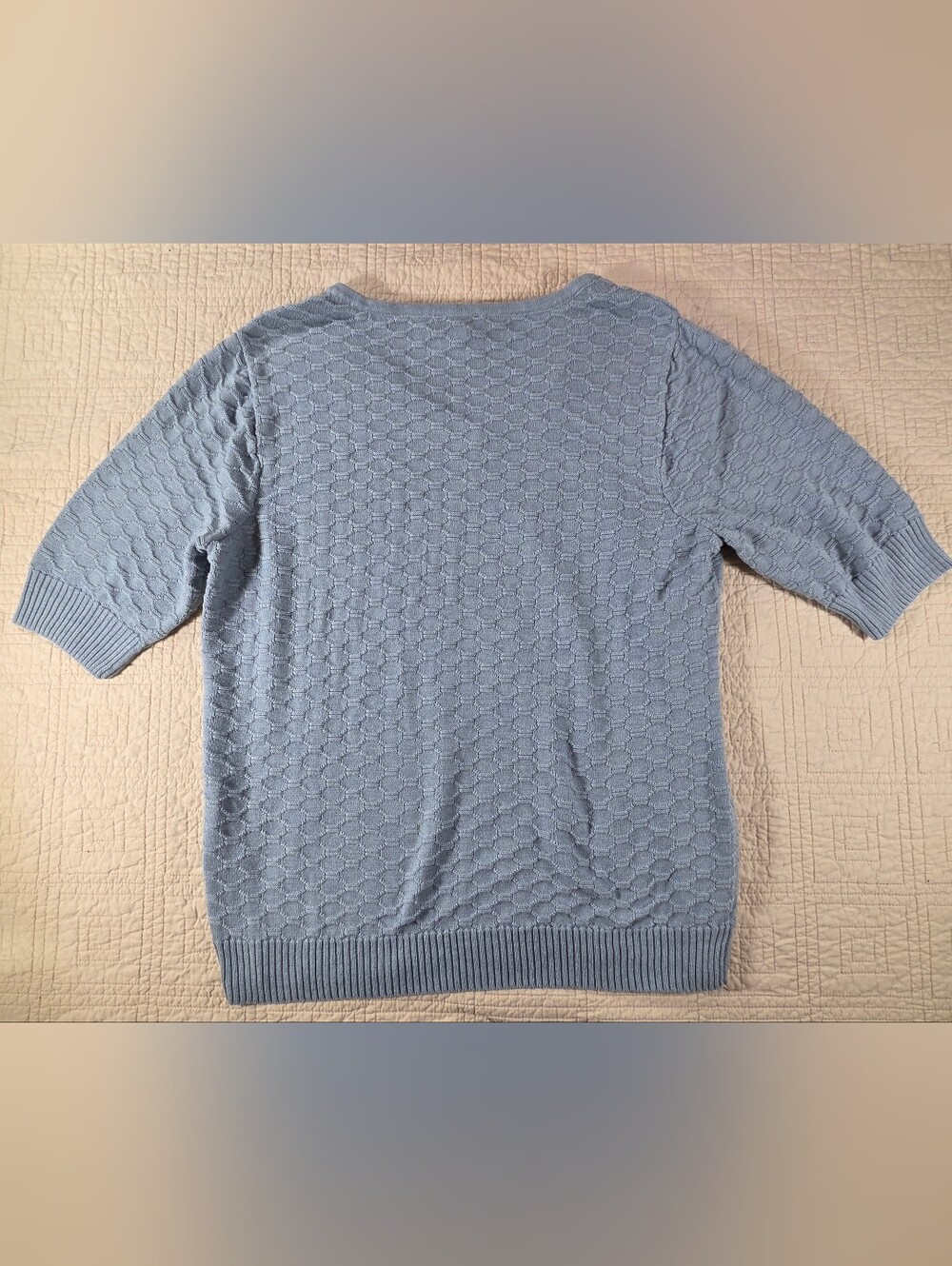 Ella Moss Honeycomb Knit Elbow Sleeve V-Neck Sweater Sky Blue-woman Lg - Picture 2 of 9
